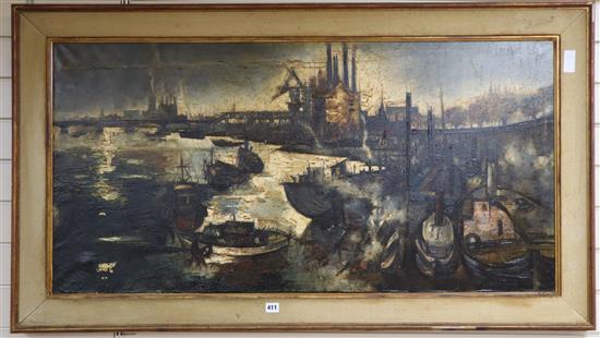 Comte Regis de Bouvier de Cachard (1929-?), oil on canvas, Chelsea Wharf, signed and dated 58, 60 x 119cm